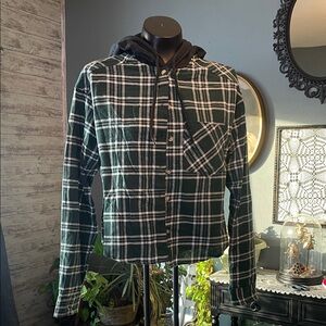 Women's Green Plaid Button Down Shirt with Hood cropped
